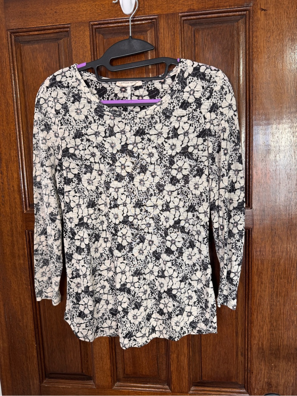 Rebecca Taylor Black & Cream Floral Long-Sleeve Scoop Neck Top